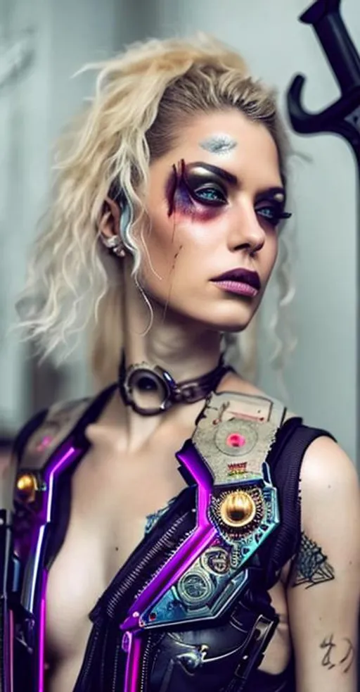 Prompt: Beautiful Cyberpunk female tattoos, strong apocalyptic, swords, guns, axes, anatomical, colorful, gothic, mech, hazardous waste, explosions 
