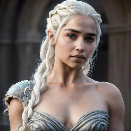 Prompt: female dressed as daenerys targaryen, gorgeous, attractive, flirting, (((full body visible))), looking at viewer, portrait, photography, detailed skin, realistic, photo-realistic, 8k, highly detailed, full length frame, High detail RAW color art, piercing, diffused soft lighting, shallow depth of field, sharp focus, hyperrealism, cinematic lighting