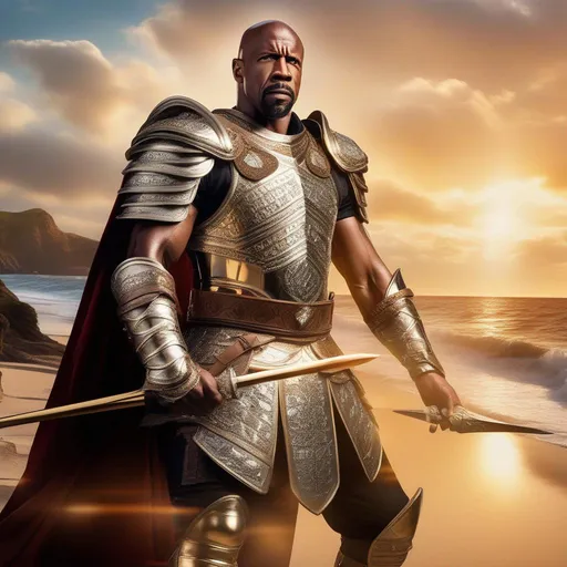 Prompt: Terry Crews as Nicolas Cage,  gentleman, fashion rocks, Warrior in battle stance wearing intricate Holy plate armor, wielding a sword and staff, background shoreline, warm lighting,