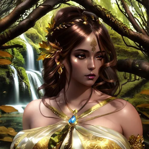 Prompt: Cinematic, Dark, Glamor, Shimmer, 3D HD Heroic Faded-Leaves and silk (Beautiful detailed face{Goddess}female with brown hair dressed as Princess), Morning, hyper realistic, 8K expansive Magical waterfall background --s99500