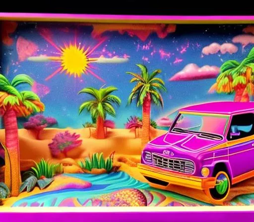 Prompt: Lisa frank style 1970s diorama