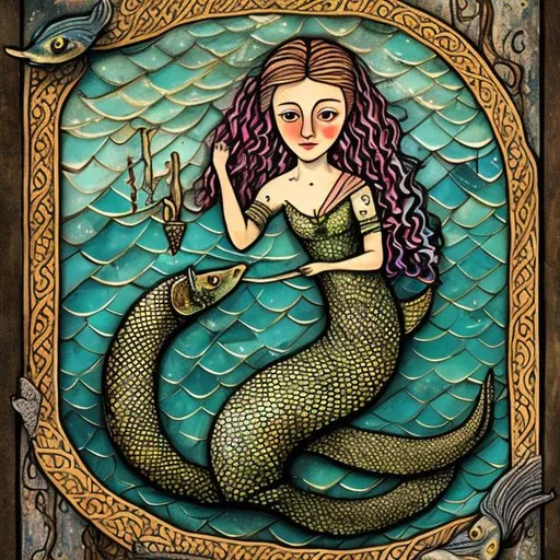 Prompt: Mermaid with an eel. Portrait, painting. Medieval style