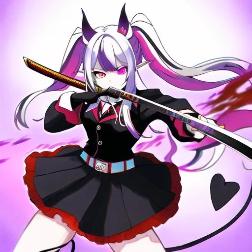 Prompt: Haley  as a demon (multi-color hair) (multi-color eyes)(she has horse ears) holding a katana, fighting, in a gunfight, bullets flying, fighting in a rural area, angry, demon tail, demon wings