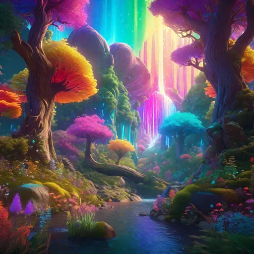 Prompt: "vibrant and whimsical fantasy forest with magical creatures, glowing plants and a flowing river, inspired by Rutkowski"
"rainbow colours, detailed matte painting, pastel color, fantastical, intricate detail, splash screen, complementary colors, fantasy concept art, 8k resolution trending on Artstation Unreal Engine 5"
