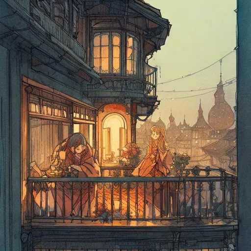 Prompt: nostalgic illustration of a cozy balcony at night by demizu posuka sketch warm colors