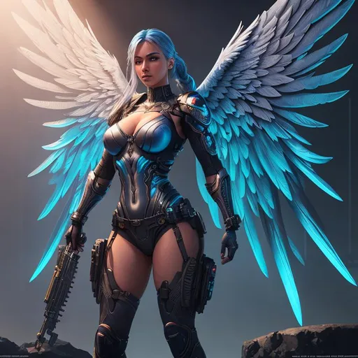 Prompt: splash art, concept art, 

Full body portrait of a cyberpunk valkyrie girl, angel wings,

sultry, excited, symmetrical, perfect composition,

frank miller style, complementary vibrant colors, sun rays coming towards the viewer, telephoto lens,

hyperrealistic, artstation, highly detailed, high quality, uhd 8k, unreal engine