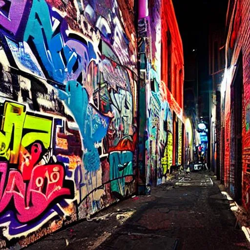 Prompt: City alley, graffiti, centered, urban, ghetto, slang, night, neon