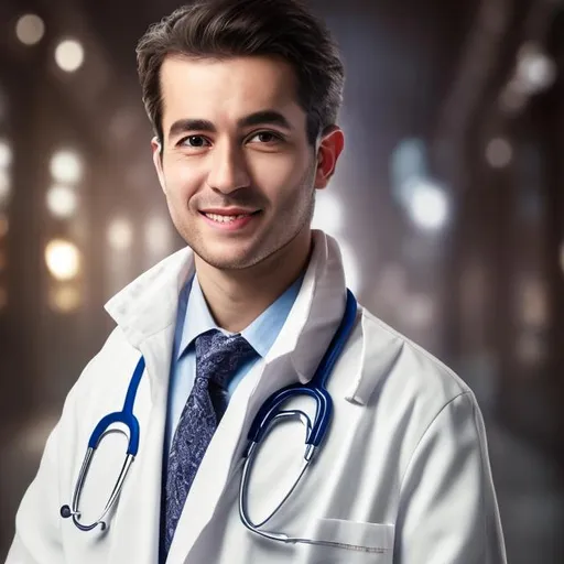 Prompt: Potrait of doctor with high quality and white coat and little smile in cinematic background, detailed facial features, cinematic,35 mm lens, f/1.8 accent lighting, global illumination - uplight -v 4 4