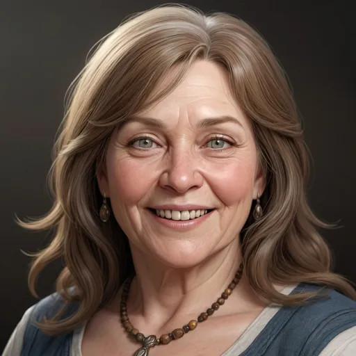 Prompt: hyper-realistic 60 year old human female, she has sandy brown hair that is shoulder length, she has grey kind eyes, she is obese but very joyful, she has pale skin, she is always very happy and a very nice person, fantasy character art, illustration, dnd,