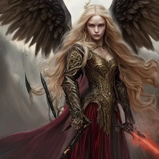 Prompt: Beautiful golden haired  demon, Princess of Hell, battling against angels after theyre tried to take her daughter. Dark, redish black wings, red robe armor with golden details.Absolute realism,fantasy book.