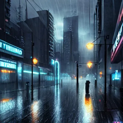 Prompt: dystopian city night rain