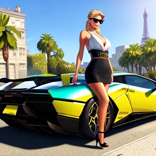 Prompt: Paris Hilton in gta 5, los santos, beautiful sunny day,  stunning, highly detailed, driving holographic lamborghini