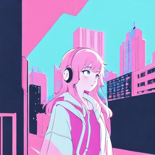 Prompt: girl wearing headphones, city background, anime!! aesthetically pleasing pastel colors, poster background, art by conrad roset and ilya kuvshinov, pop art, lofi, neon colors