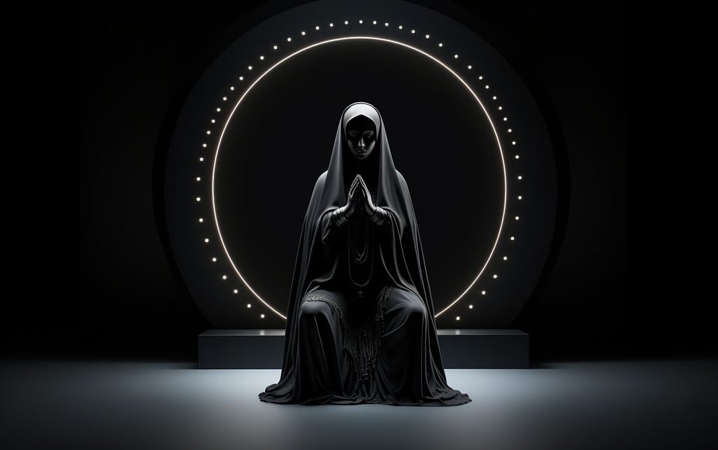Prompt: spot lights hit vanta black figurine of virgin mary sitting on a black mirror surface