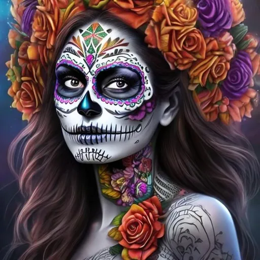 Prompt: Dia de los muertos, woman hyper realistic, crown, beautiful, colorful, aztec, native, full body