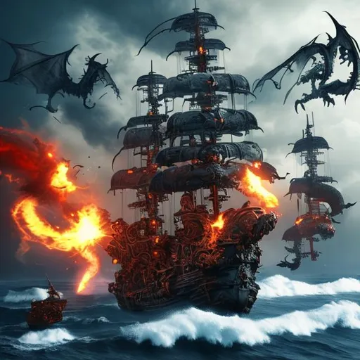 cyborg pirate ship being attacked by dragons