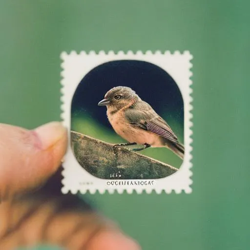 Prompt: a postage stamp with birds