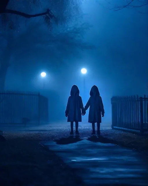 Prompt: Pale ghostly children holding hands stand eerily on an abandoned playground at night, partly obscured by fog. Shot in chilling blue hour lighting with shallow depth of field. Haunting, unsettling, nightmare fuel.