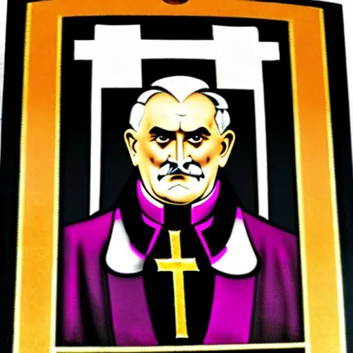 Prompt: Demonic evil pope with butler mustache wearing a swastika  around neck in nazi themed setting