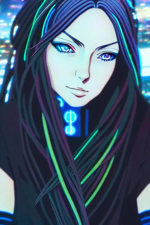 Prompt: anime portrait of a mature adult woman, beautiful eyes, beautiful intricate two toned braided hair, cyberpunk, psychedelic city background, concept art, digital painting, matte finish, looking into camera, landscape image, 8k
