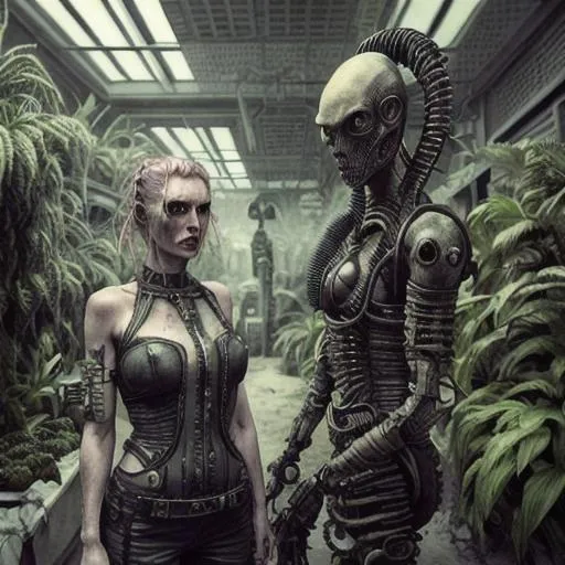 Prompt: Woman meets alien in post-apocolypse world, surrounded by artificial plants, styles mix, mad Max, baroque, High Res, photo realistic.