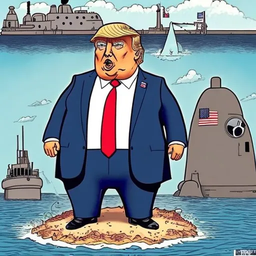 Prompt: Cute, obese Trump in front of a submarine in drydock, dark-blue suit, too long red tie, u-boat scene, muted colored, Sergio Aragonés MAD Magazine cartoon style