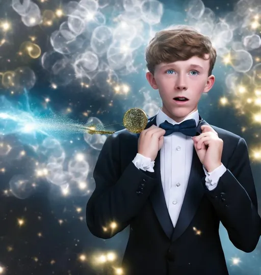 Prompt: 16 year old boy in a tuxedo stretching his magic bow tie casting a spell, and causing a ball of gold sparkling magic to go flying out of the bow ties knot very fast