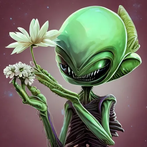 Prompt: alien holding a flower