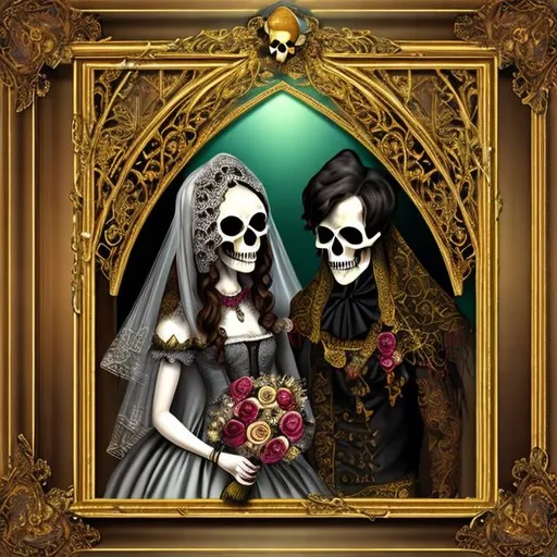 Prompt: a painting style 1800  of  Skull marriage inside style gothic a golden frame 