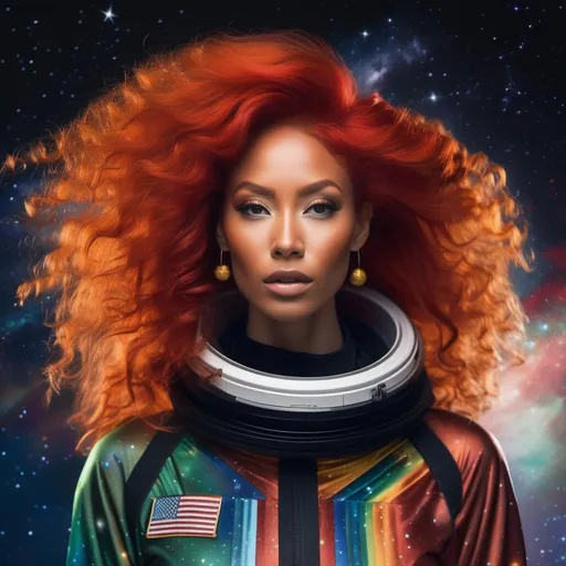 Prompt: a woman wearing outer space as a dress, rasta red hair