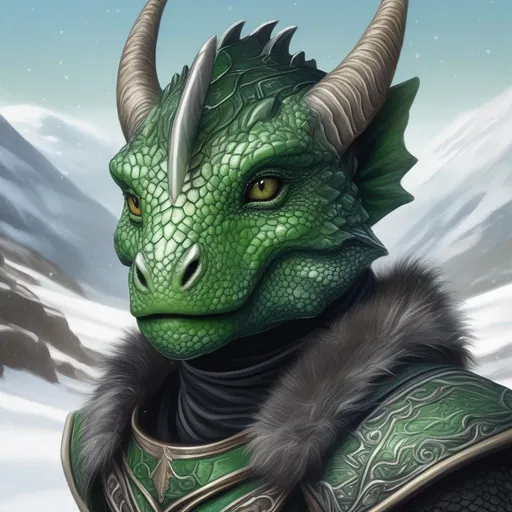 Prompt: A face shot of a beautiful green and black toddler Dragonborn with no hair, in a snowy tundra, perfect composition, hyperrealistic, super detailed, 8k, high quality, trending art, trending on artstation, sharp focus, studio photo, intricate details, highly detailed, by Greg Rutkowski, illustration, watercolor