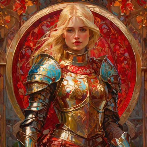 Prompt: blonde, blood:10, gore, battle, guts, knight plate armour, Greg Rutkowski, John William Waterhouse, Alphonse Mucha,. (vibrant colors:4), full hd, high quality, 4k, trending on artstation, oil painting, symmetrical, intricate, highly detailed