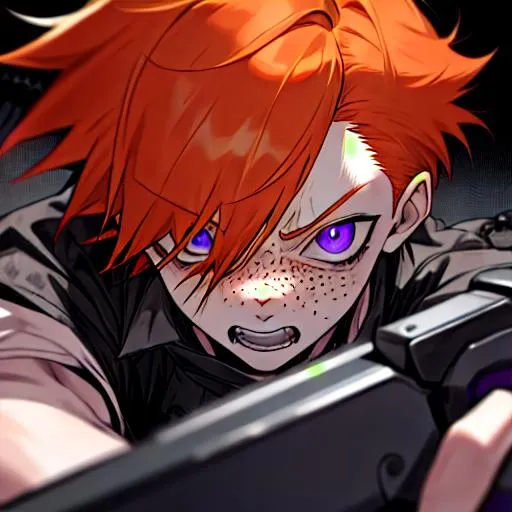 Prompt: Erikku male adult (short ginger hair, freckles, right eye blue left eye purple) 8K, Highly detailed, insane detail, best quality, high quality, fighting with a chainsaw