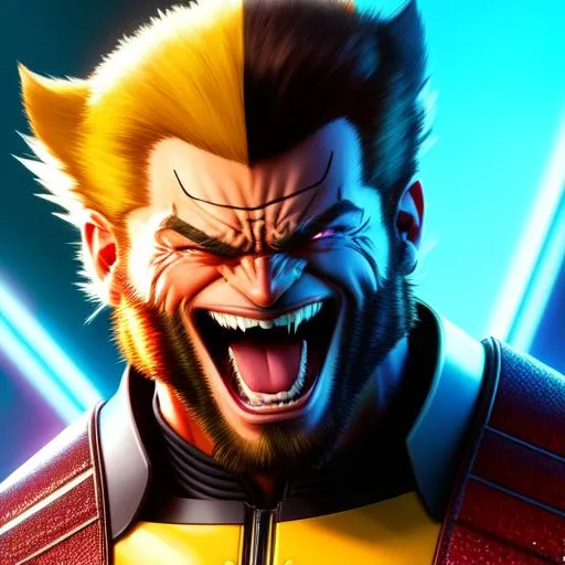 Prompt: hyper detailed, hyper artistic, hyper futuristic, hyper realistic, hyper unique, hyper unseen of too colored laughing Wolverine from X-Men, 4k