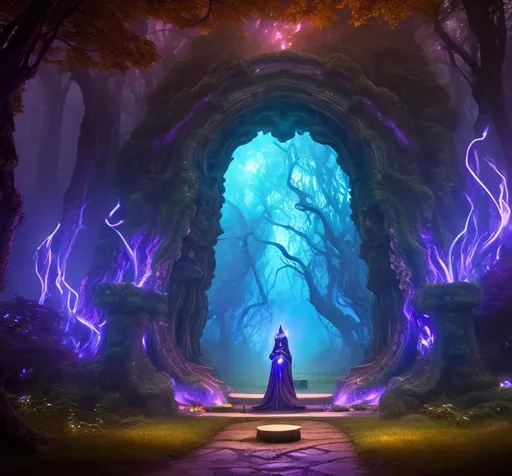 Prompt: A mystical portal in the middle of a forest that leads to the magical fey realms with swirling purple energy inside the portal that is non-transparent, with two ancient guardians by the entrance in the style of Dungeons & Dragons.