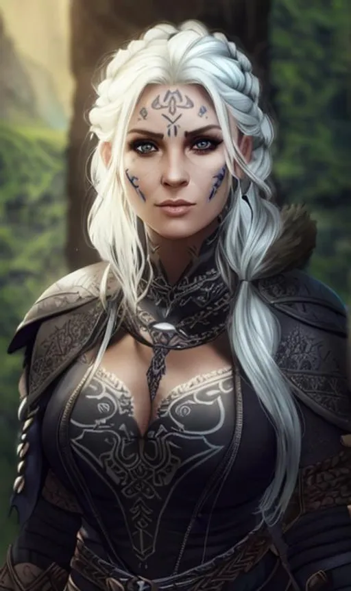 Prompt: sticker of ultra detailed half body shot, photorealistic, busty, 4k, high quality cell shaded illustration, nordic warrior woman, 35 years old, deep scars on the right side, lightblue face tattoo, tribal, wearing dark grey medieval leather armor, dungeons and dragons, fantasy, braided white hair 
