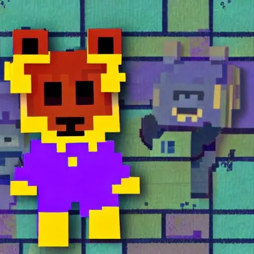 Prompt: a pixelated picture of a purple man in a yellow bunny costume killing kids at a pizzeria called Freddy fazbears with text that says criminal