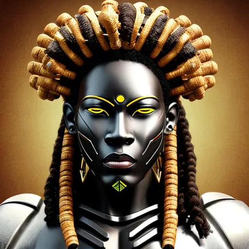 Prompt: cyborg black male african warrior lifelike, rasta vibes, digital african mask
