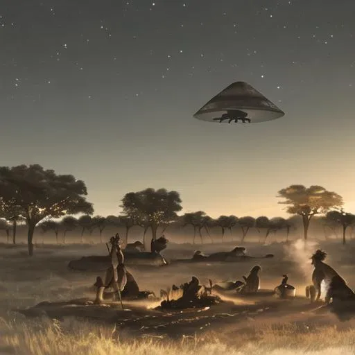 Prompt: a group of cavemen wearing animal hides, they are in an African Savana near a campfire, theres a UFO flying in the night sky.