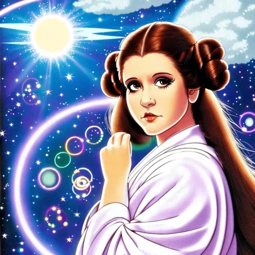 Prompt: A beautiful Carrie Fisher as Princess Leia. very short bright brown circle buns on side head light chestnut highlights, round face, small mouth rosy cheeks, glamour eyes, wearing a white flowing robe, Masamune Shirow art. anime art. Leiji Matsumoto art. Akira art. Otomo art. 2d. 2d art.