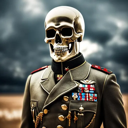 Prompt: Realistic photo of skeleton in Soviet military uniform full hd, ultra realistic, highly detailed, 8k. Soft lighting 