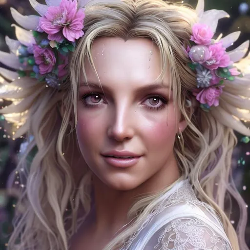 Prompt: "macro closeup headshot of a beautiful happy 2 0 years old britney spears ethereal magical fairy princess wearing a white robe and flowers in her hair in a fantasy garden, d & d, fantasy, intricate, rim light, god rays, volumetric lighting, elegant, highly detailed, digital painting, artstation, concept art, smooth, sharp focus, illustration, art by greg rutkowski, maxfield parrish and alphonse mucha, sunrise, new art nouveau, soft ambient lighting, particle effects"