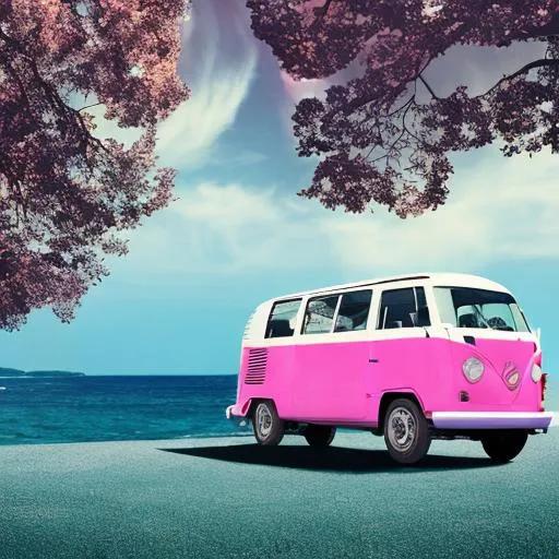 Prompt: design a Volkswagen bus with peace signs all over it and is parked on the most beautiful beach at sunset where the sky is bright pink with the stars and a rainbow
