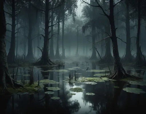 Prompt: Weathered swamp in a dark forest, eerie atmosphere, realistic reflections, high res, gloomy mood, Warhammer fantasy RPG style, realistic, detailed foliage, murky water, haunting, misty, atmospheric lighting