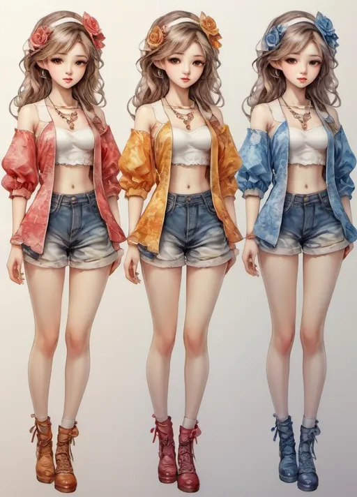 Prompt: young girl, by sakimichan style, very detailed and elaborate, a lot of details, high quality, fool body, standing straight, arms to the sides, paper doll, watercolor,