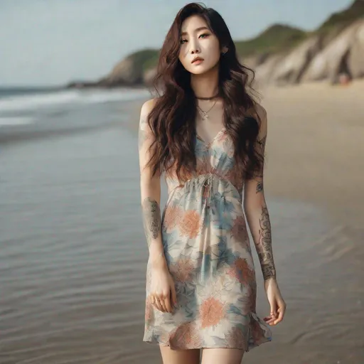 Prompt: Fully body picture of a gorgeous, young Korean model with long, wavy hair, light makeup that accentuates her natural beauty, covered in tattoos from head to toe, who is showing off her beautiful sun dress at the beach.