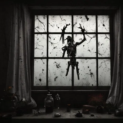 Prompt: make a macabre and gloomy in front of a window