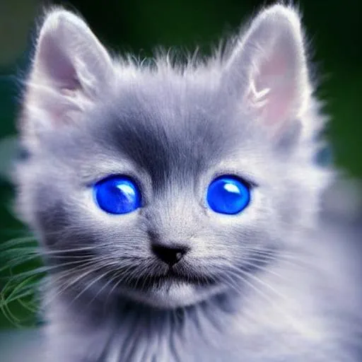 Prompt: a blue tinted fur kitten with icey eyes and snow like fur sitting ona cloud and the kitten is possing the power of the sky