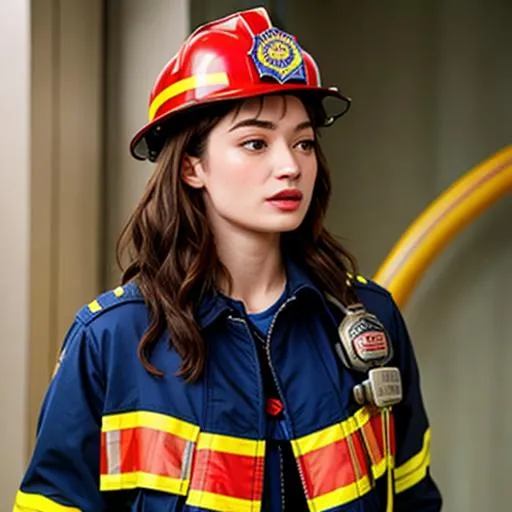 Prompt: Crystal Reed as super hot firefighter open unbuttoned