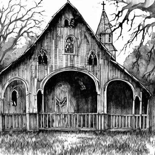 Prompt: ink drawing gothic horror gloomy abandoned dark barn front porch of big barn

